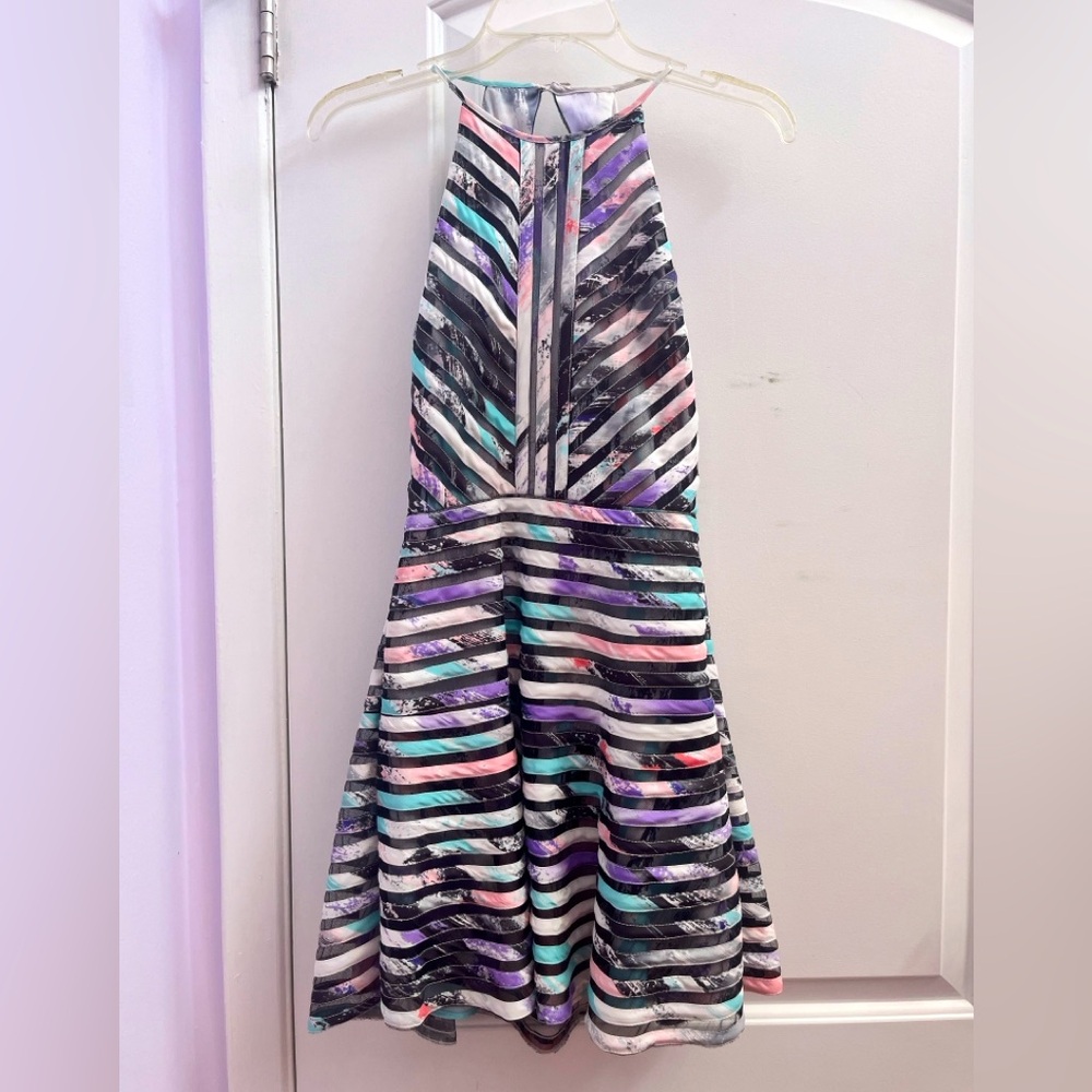 Parker A-line dress with marbly striped pattern and mesh—size Small